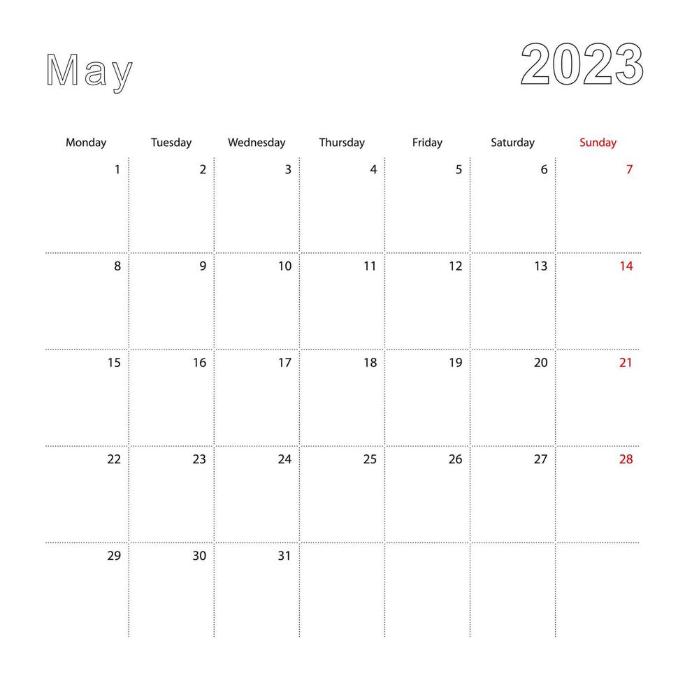 calendario de pared simple para mayo de 2023 con líneas punteadas. el calendario está en inglés, la semana comienza el lunes. vector