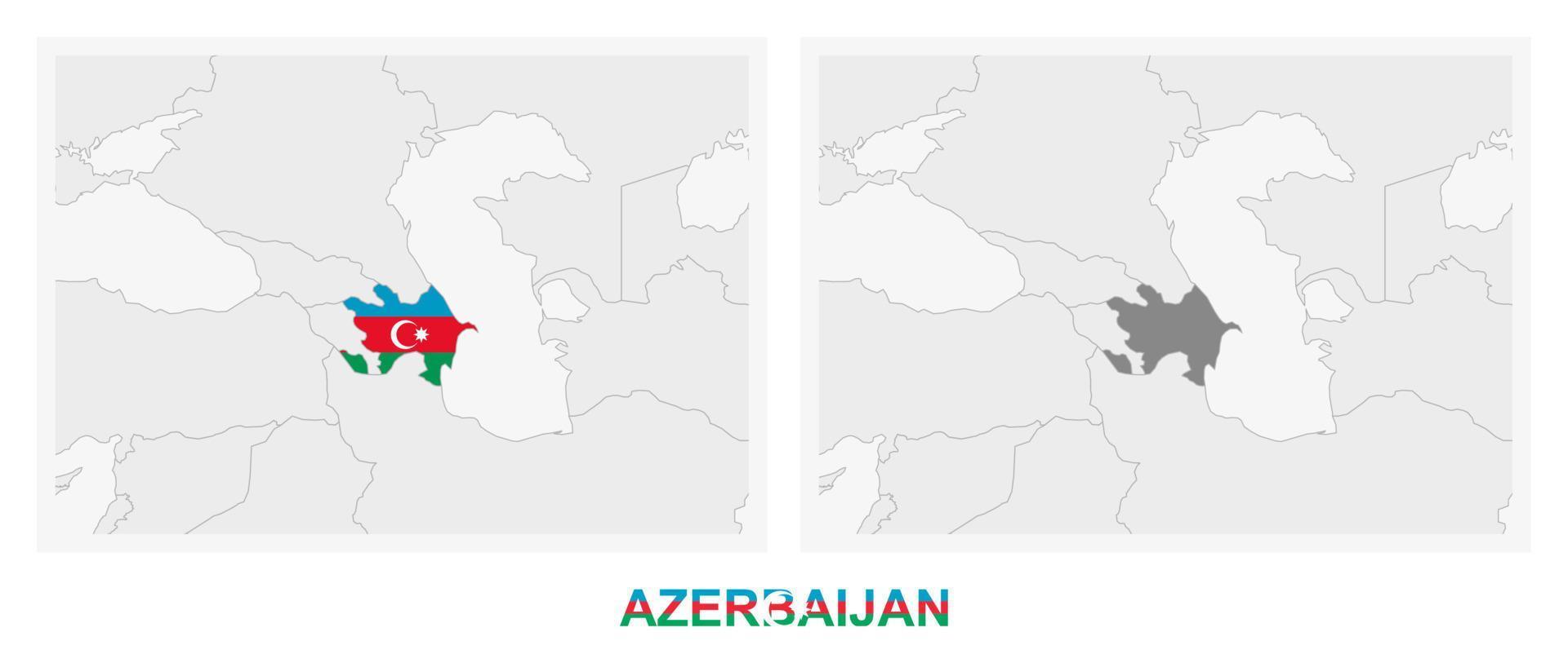 Two versions of the map of Azerbaijan, with the flag of Azerbaijan and highlighted in dark grey. vector