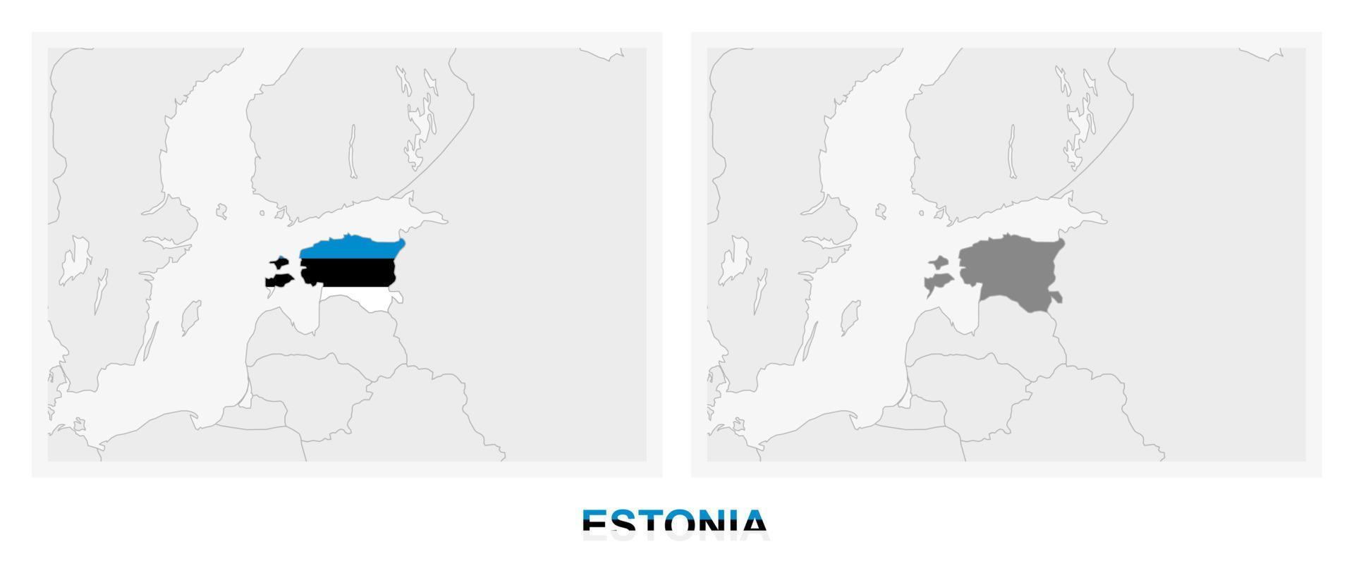 dos versiones del mapa de estonia, con la bandera de estonia y resaltada en gris oscuro. vector