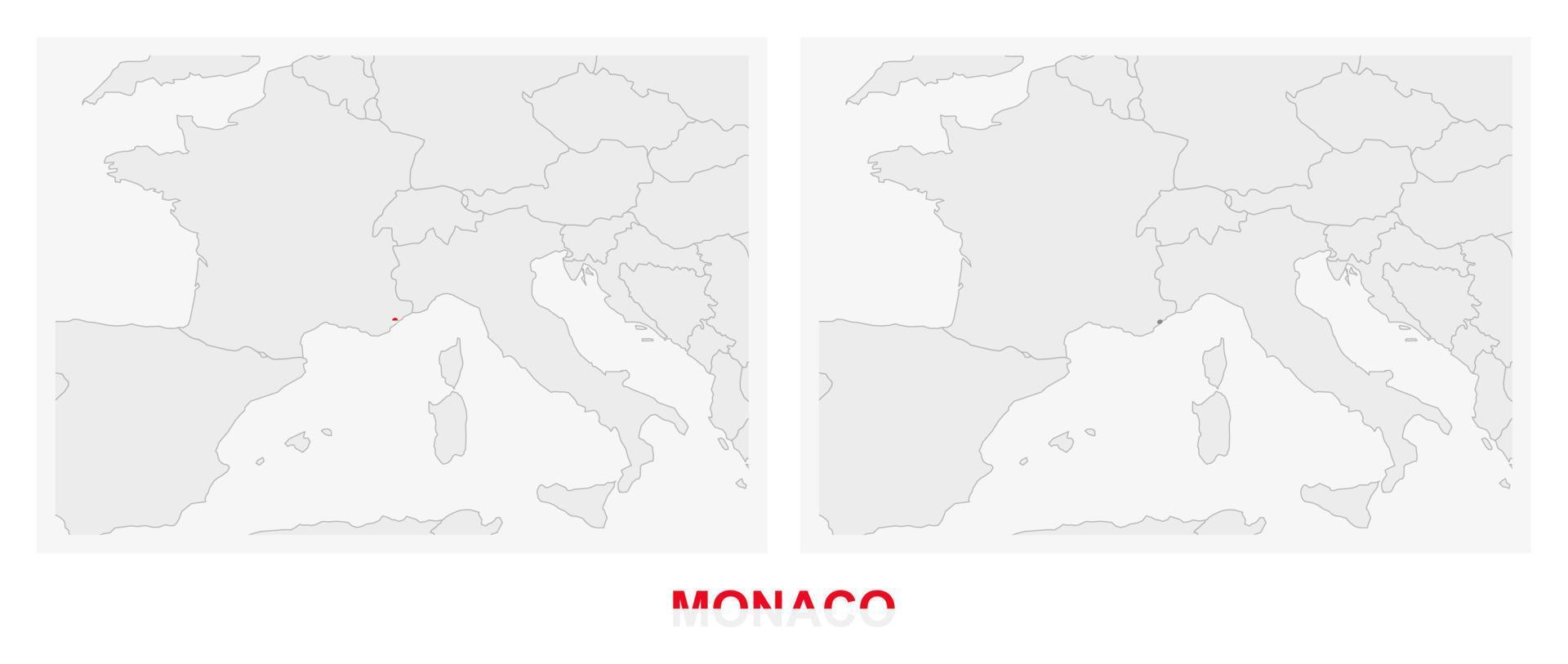 Two versions of the map of Monaco, with the flag of Monaco and highlighted in dark grey. vector