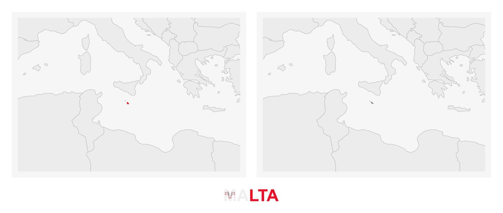 Two versions of the map of Malta, with the flag of Malta and highlighted in dark grey. vector