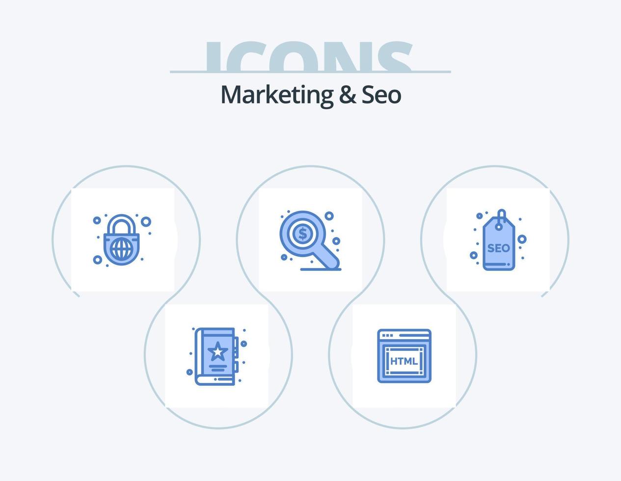 marketing y seo blue icon pack 5 diseño de iconos. etiqueta de posicionamiento en buscadores. Insignia. seguridad. SEO mercado vector