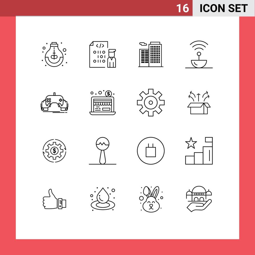 Editable Vector Line Pack of 16 Simple Outlines of space science programmer steel house Editable Vector Design Elements
