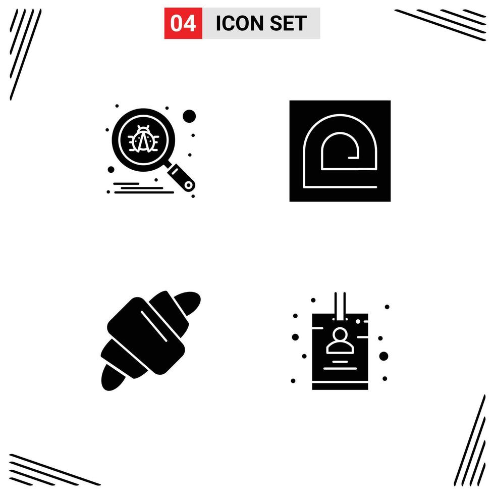 4 Universal Solid Glyphs Set for Web and Mobile Applications bug croissant secure fingerprint food Editable Vector Design Elements