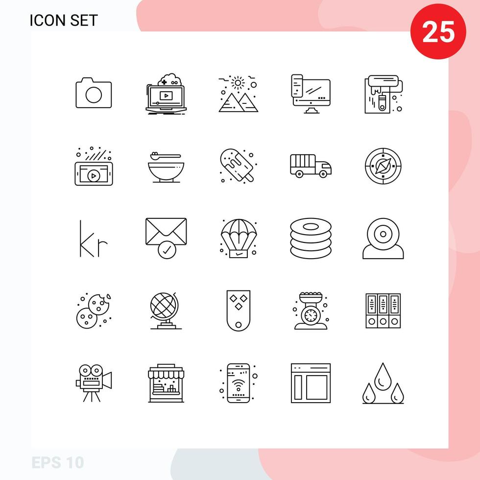 Mobile Interface Line Set of 25 Pictograms of wall paint pc video device computer Editable Vector Design Elements