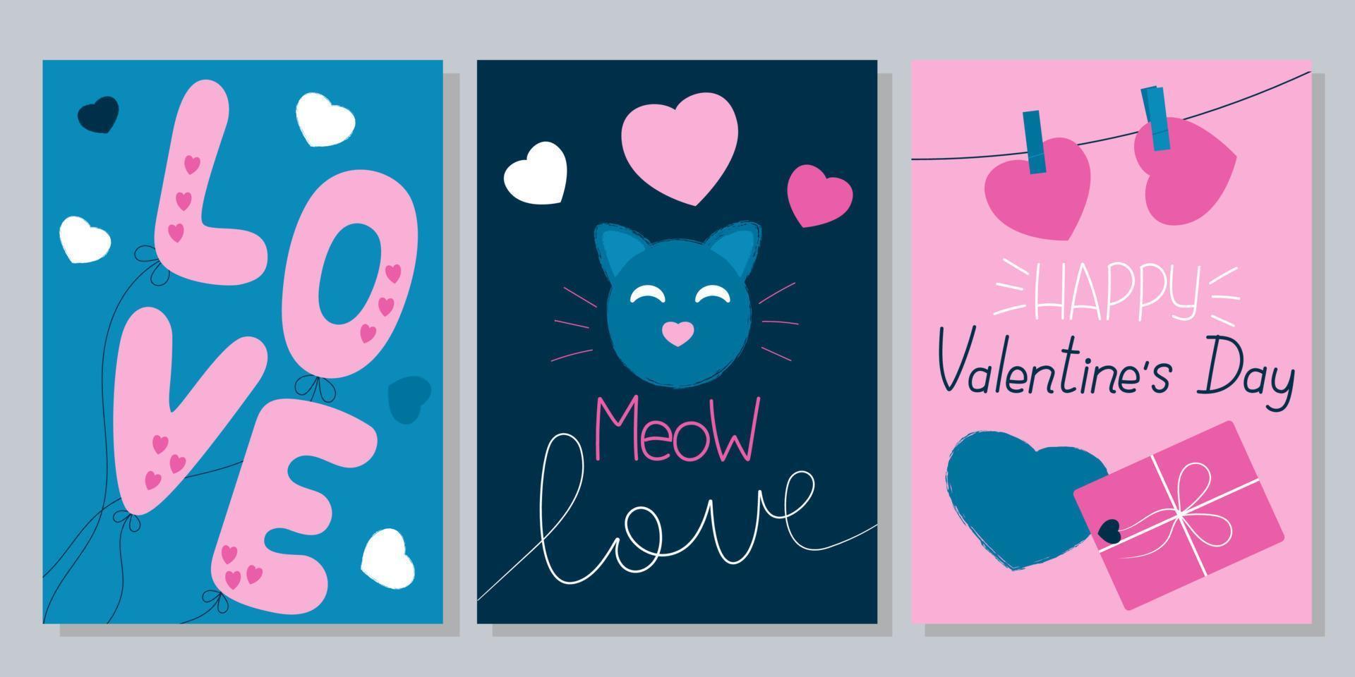 Valentines Day cards set. Doodles and sketches vector illustrations. Printable cards template for Valentines Day. Ideal for Valentines Day. Layout in A6.