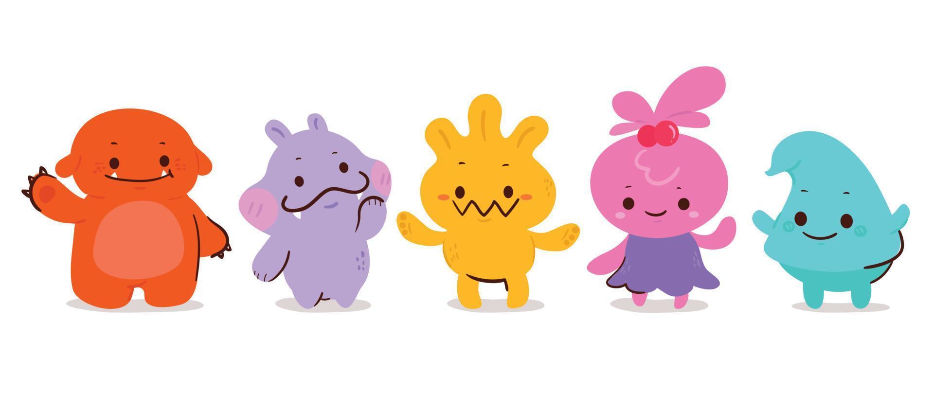 Cute and Kawaii monster kids icon set. Collection of cute cartoon monsters in different joyful characters. Funny devil, alien, demon and creature flat vector design for comic, education, presentation.