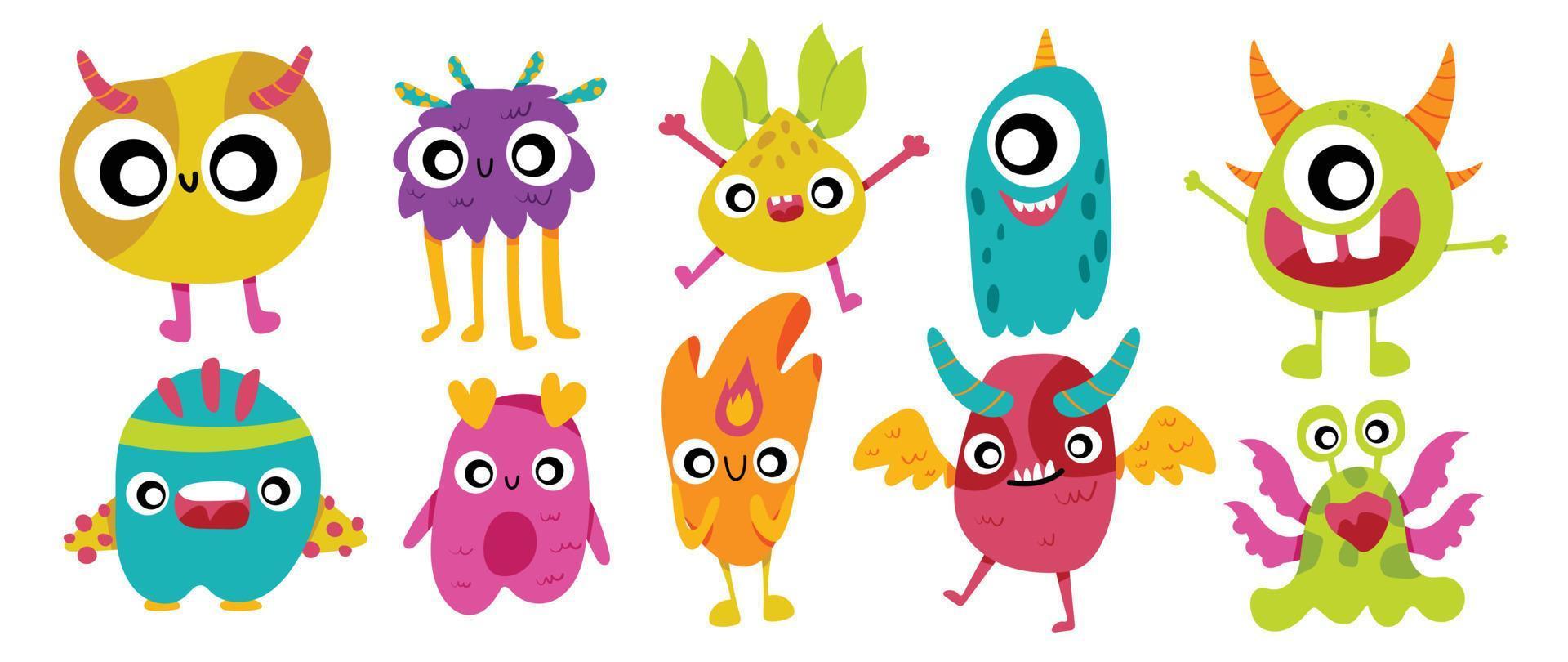 Cute and Kawaii monster kids icon set. Collection of cute cartoon monster in different playful characters. Funny devil, alien, demon and creature flat vector design for comic, education, presentation.