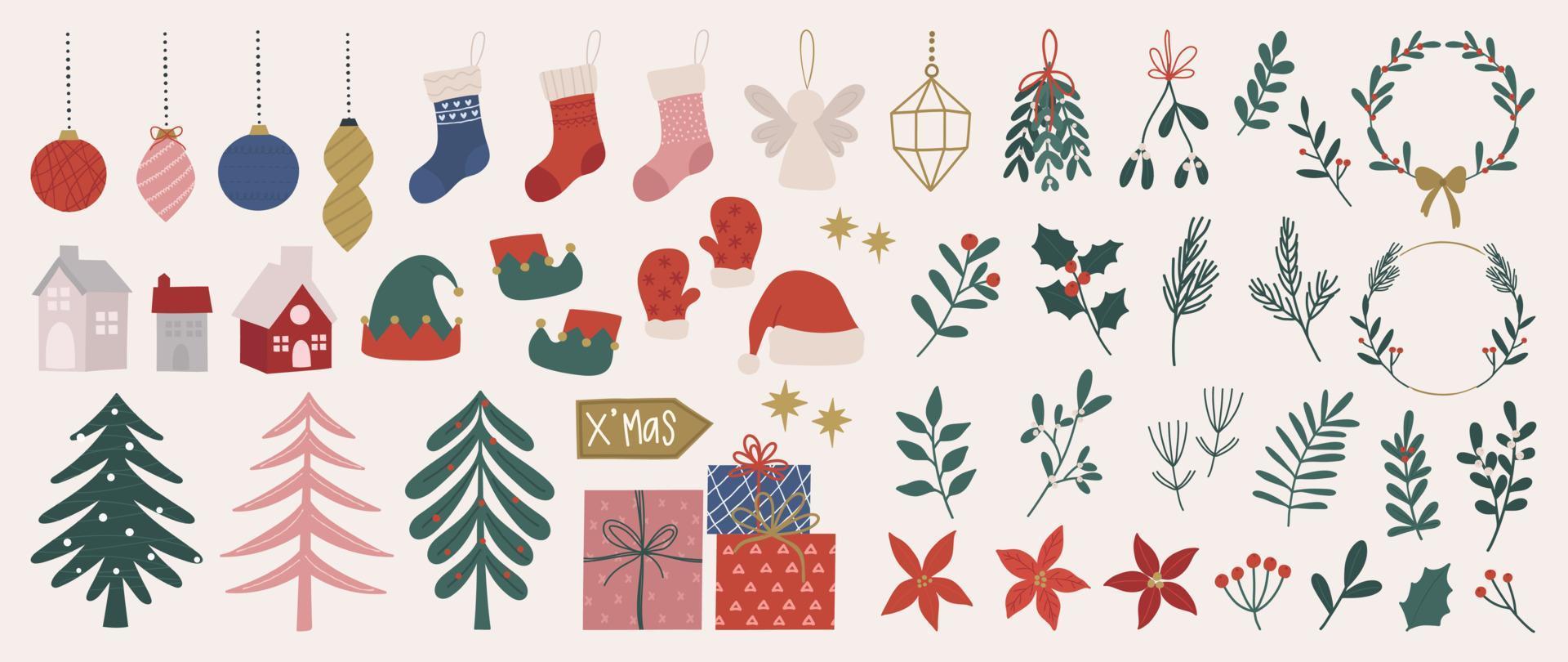 Set of decorative christmas element vector illustration. Collection of christmas tree, bauble ball, socks, present, house, hat, leaf, flower. Design for sticker, card, poster, invitation, greeting.