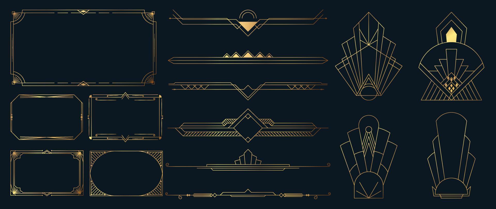 Collection of geometric art deco ornament. Luxury golden decorative elements with different lines, frames, headers, dividers and borders. Set of elegant design suitable for card, invitation, poster. vector