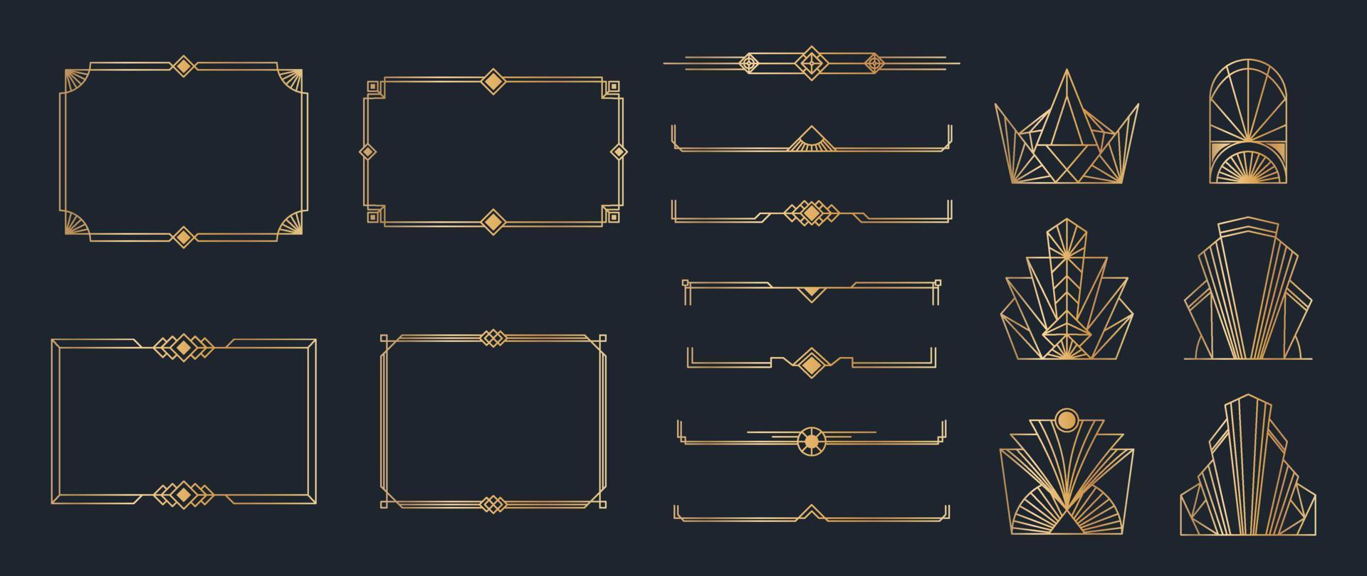 Collection of geometric art deco ornament. Luxury golden decorative elements with different lines, frames, headers, dividers and borders. Set of elegant design suitable for card, invitation, poster. vector