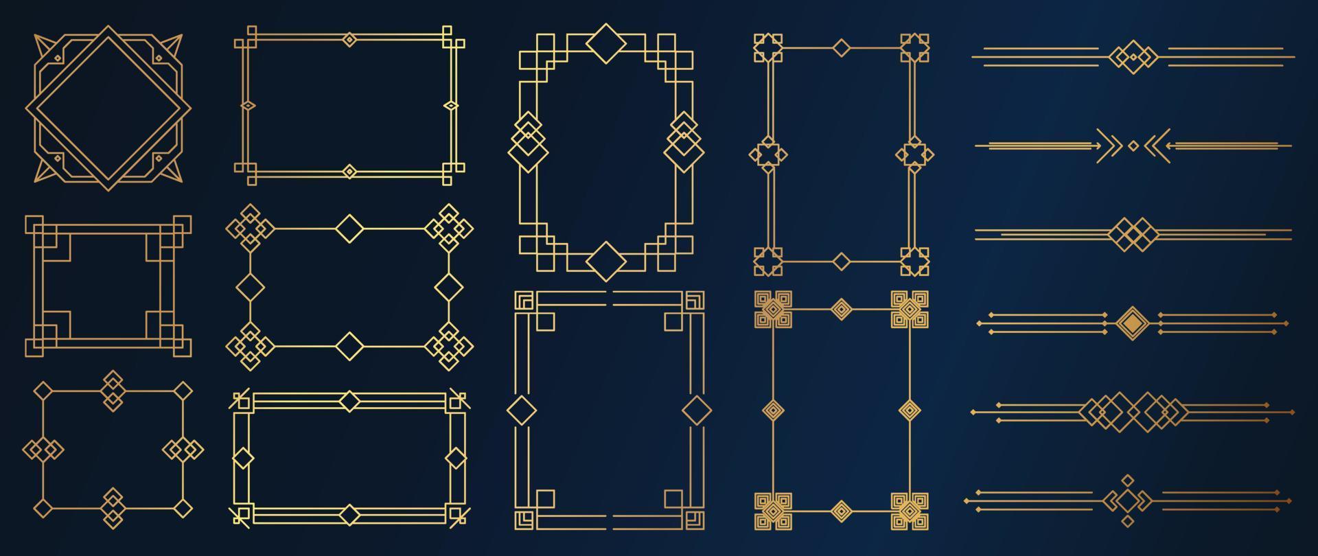 colección de adornos geométricos art deco. elementos decorativos dorados de lujo con diferentes líneas, marcos, encabezados, divisores y bordes. conjunto de diseño elegante adecuado para tarjeta, invitación, afiche. vector