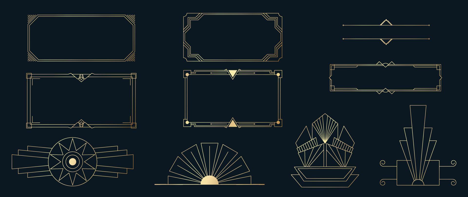 colección de adornos geométricos art deco. elementos decorativos dorados de lujo estilo vintage con diferentes líneas, marcos, encabezados, banner. conjunto de diseño elegante adecuado para tarjeta, invitación, afiche. vector