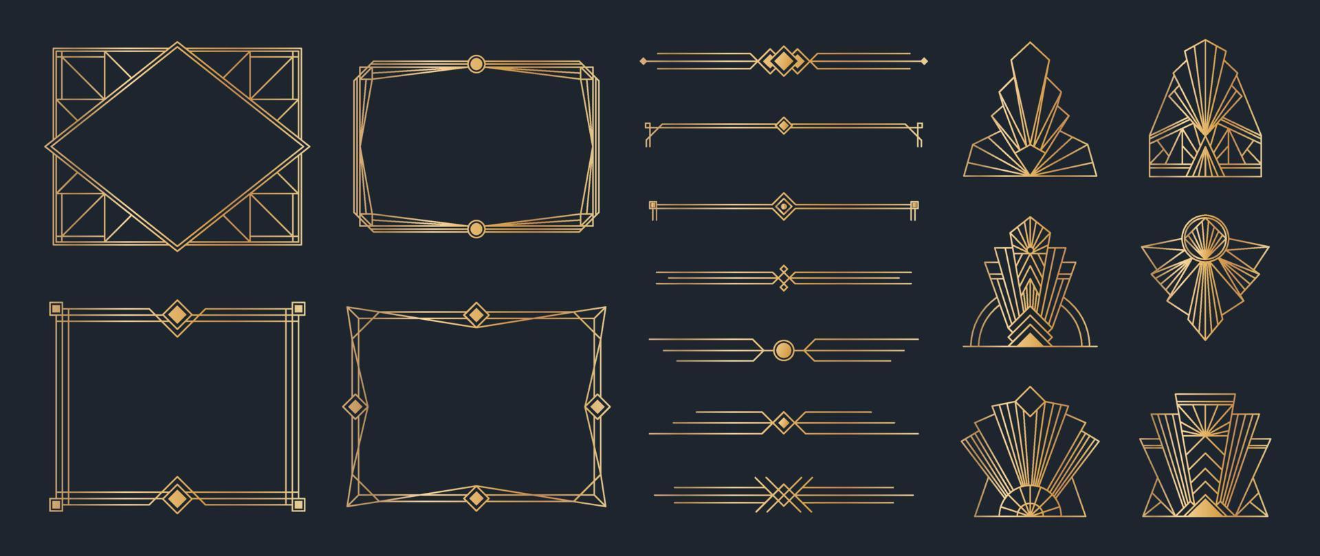 Collection of geometric art deco ornament. Luxury golden decorative elements with different lines, frames, headers, dividers and borders. Set of elegant design suitable for card, invitation, poster. vector