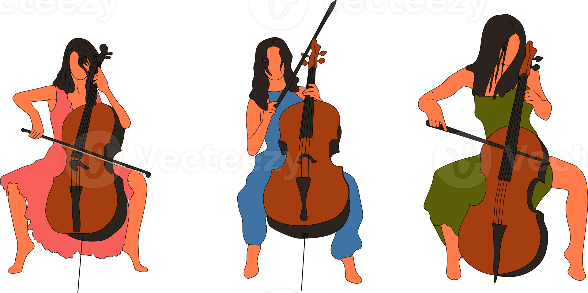 Set of three girls play the cello. Young women. Cello. png