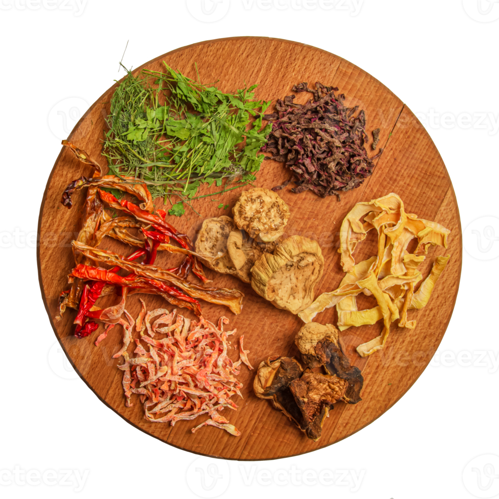 Dried vegetables on a wooden cutting board. Food crisis concept. Preparations from healthy dried vegetables. png