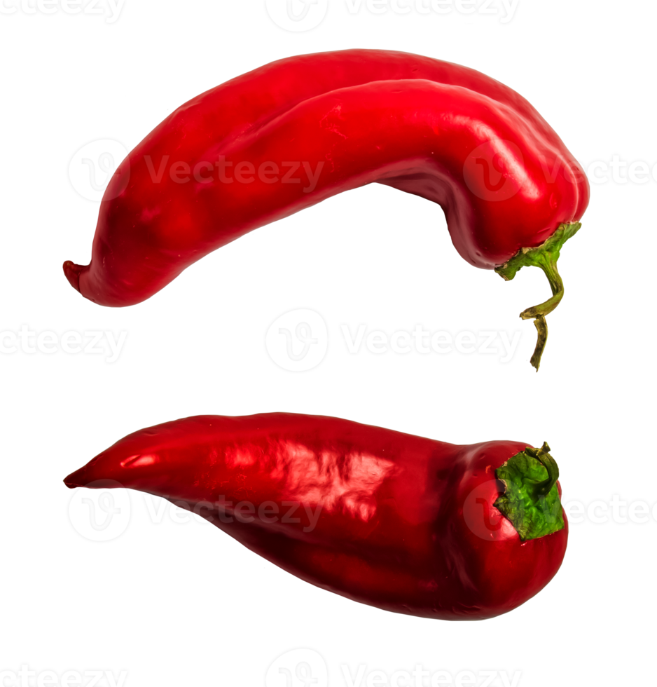 Two whole red capsicum sweet bell peppers, paprika, isolated. Close up, copy space. png