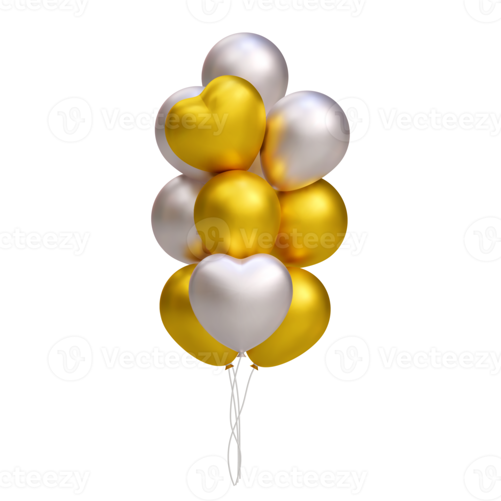 Bunch of realistic 3D golden and silver balloons, heart shape. Illustration decoration for card, party, design, flyer, poster, banner, web, advertising png