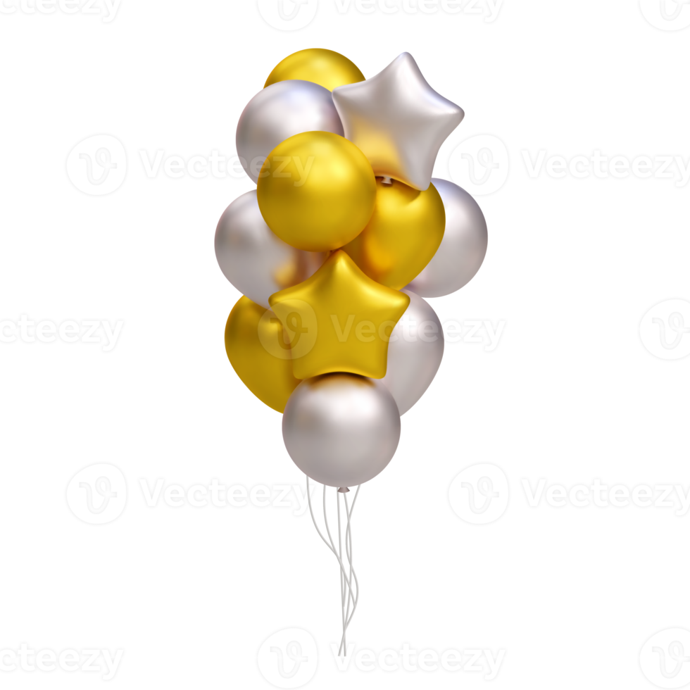 Bunch of realistic 3D golden and silver balloons. Star shape. illustration decoration for card, party, design, flyer, poster, banner, web, advertising png