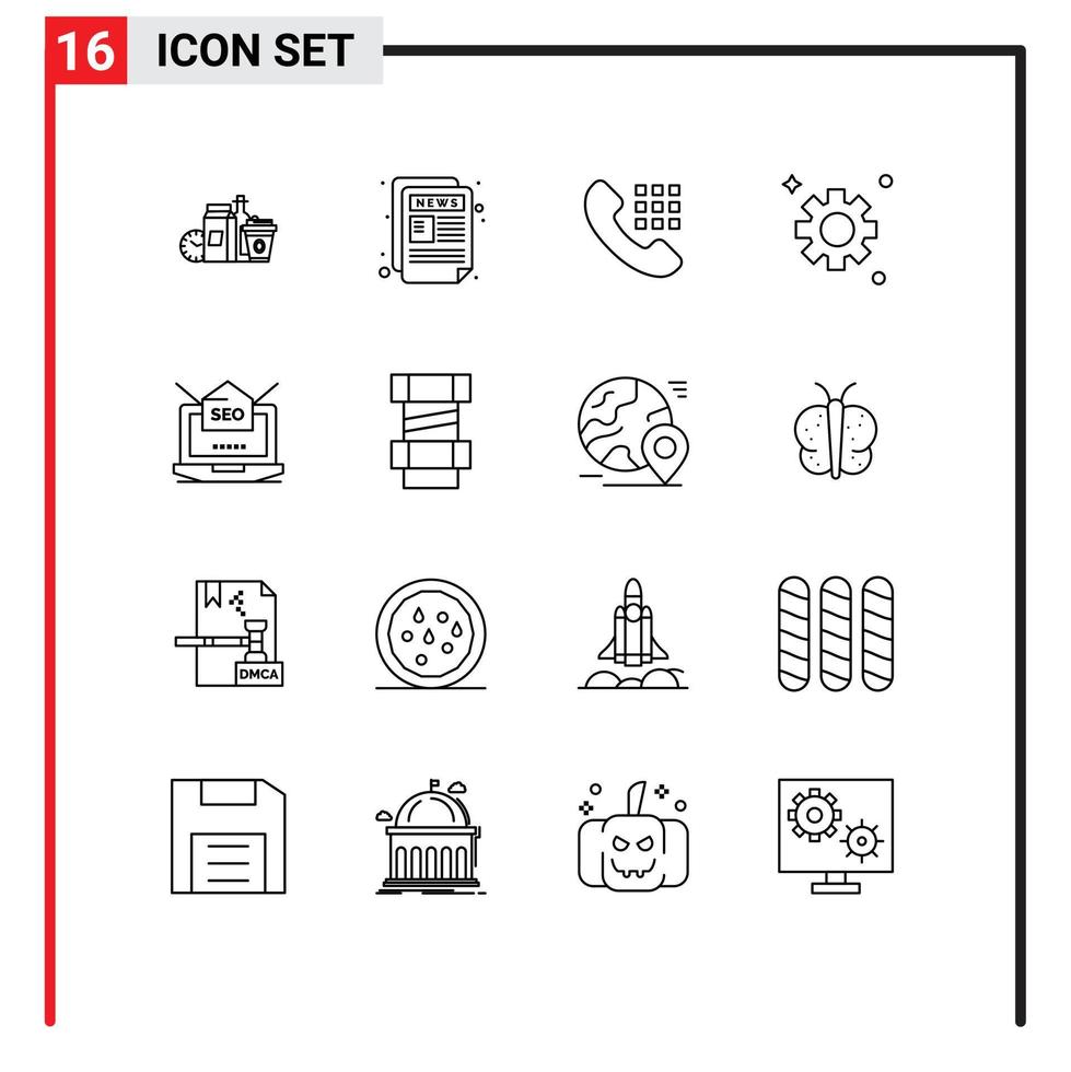 16 Universal Outline Signs Symbols of laptop cogs news letter setting keys Editable Vector Design Elements
