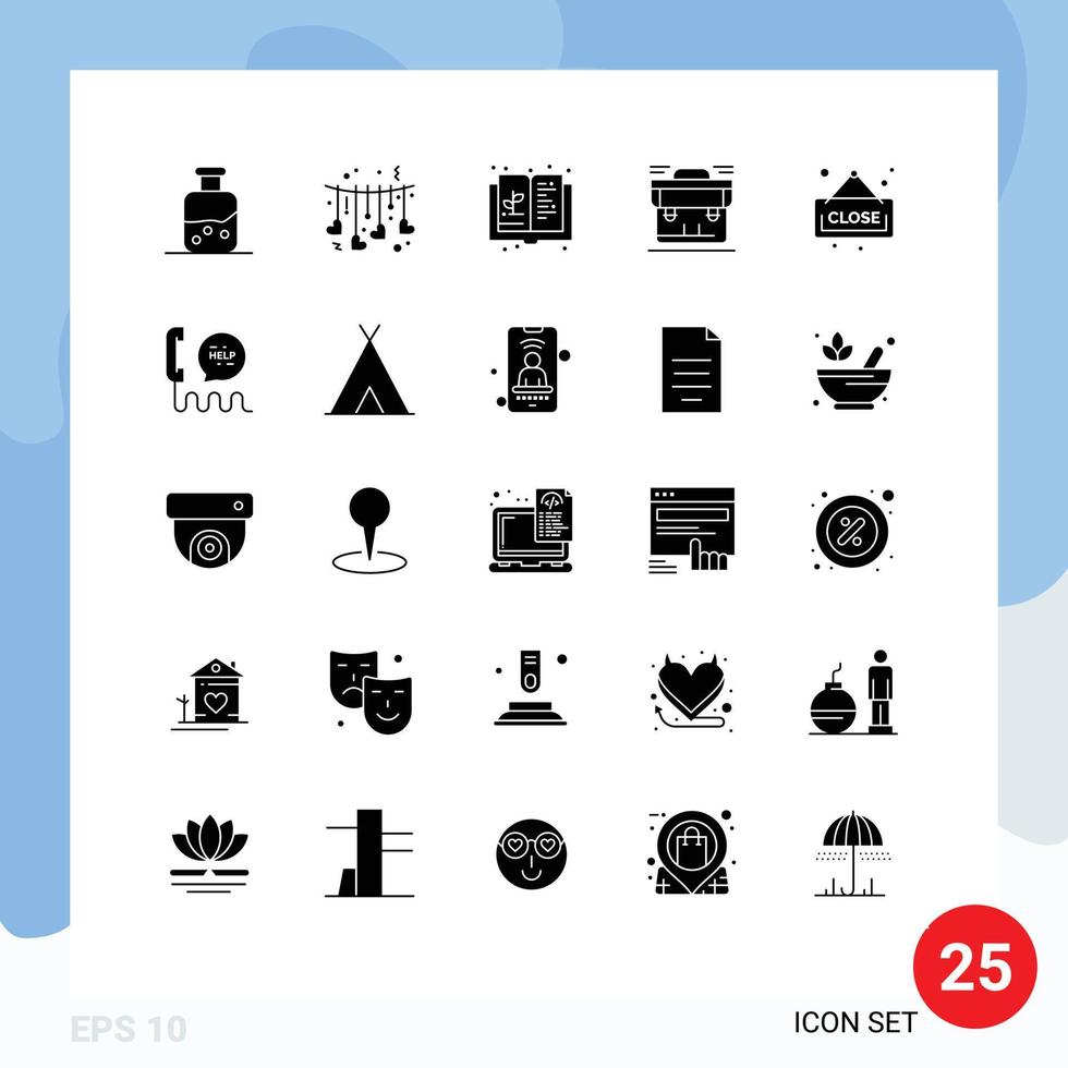 Group of 25 Solid Glyphs Signs and Symbols for suitcase portfolio book business knowledge Editable Vector Design Elements