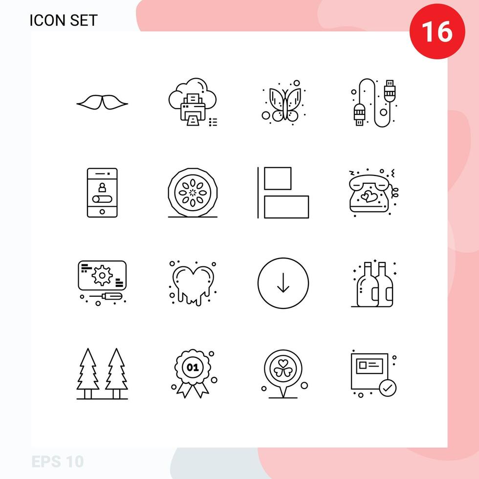 Set of 16 Modern UI Icons Symbols Signs for mobile usb printer connection insect Editable Vector Design Elements