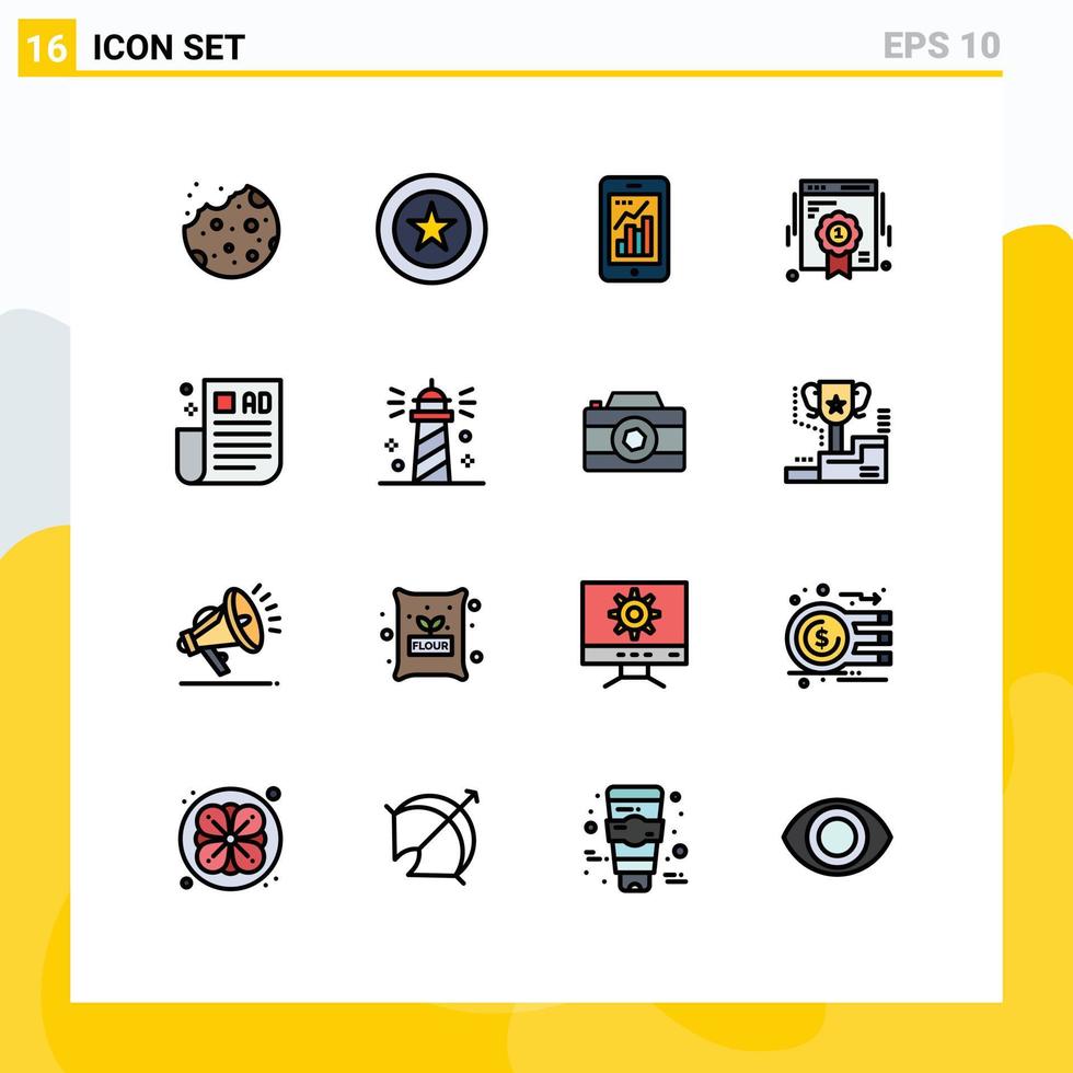 Modern Set of 16 Flat Color Filled Lines and symbols such as advertising tips web graph quality mobile graph Editable Creative Vector Design Elements