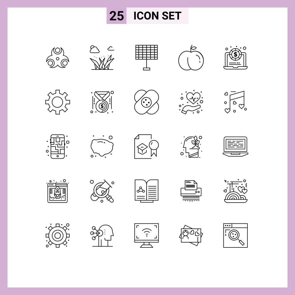 Set of 25 Vector Lines on Grid for gear money battery laptop peach Editable Vector Design Elements