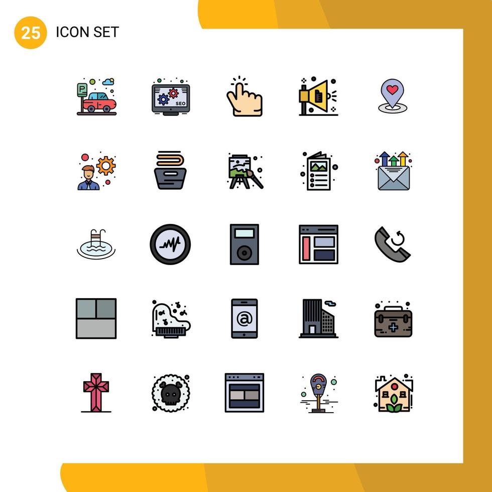 Modern Set of 25 Filled line Flat Colors and symbols such as heart location finder hand map marketing Editable Vector Design Elements