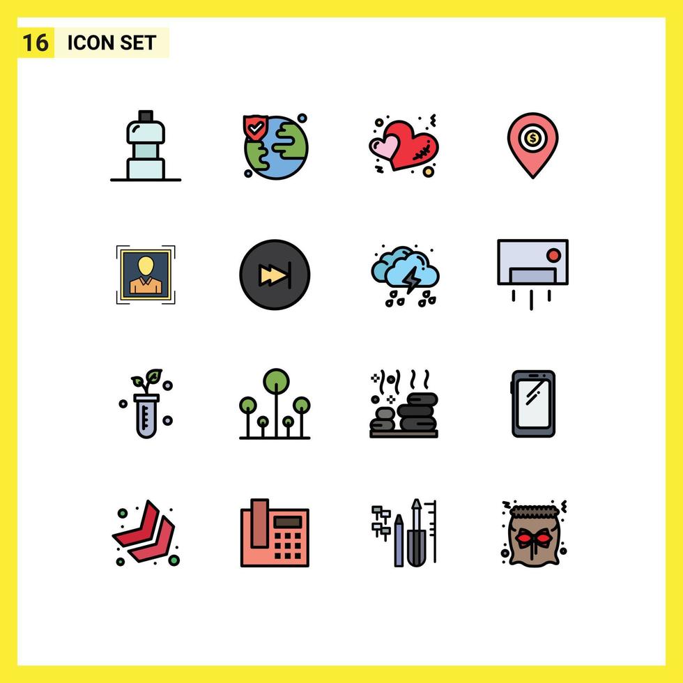 Group of 16 Flat Color Filled Lines Signs and Symbols for id user love money pin Editable Creative Vector Design Elements