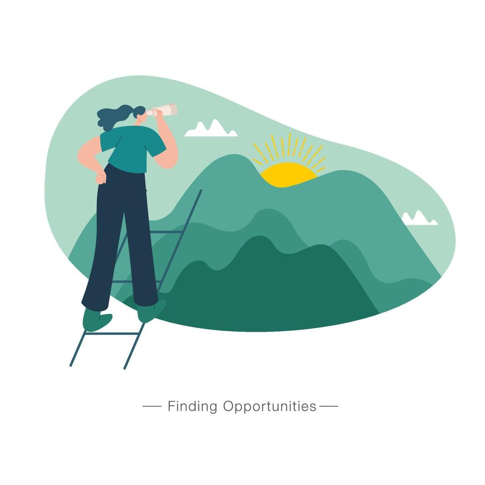 Young women using binocular finding opportunities concept illustration. suitable for web, banner, poster and landing page vector