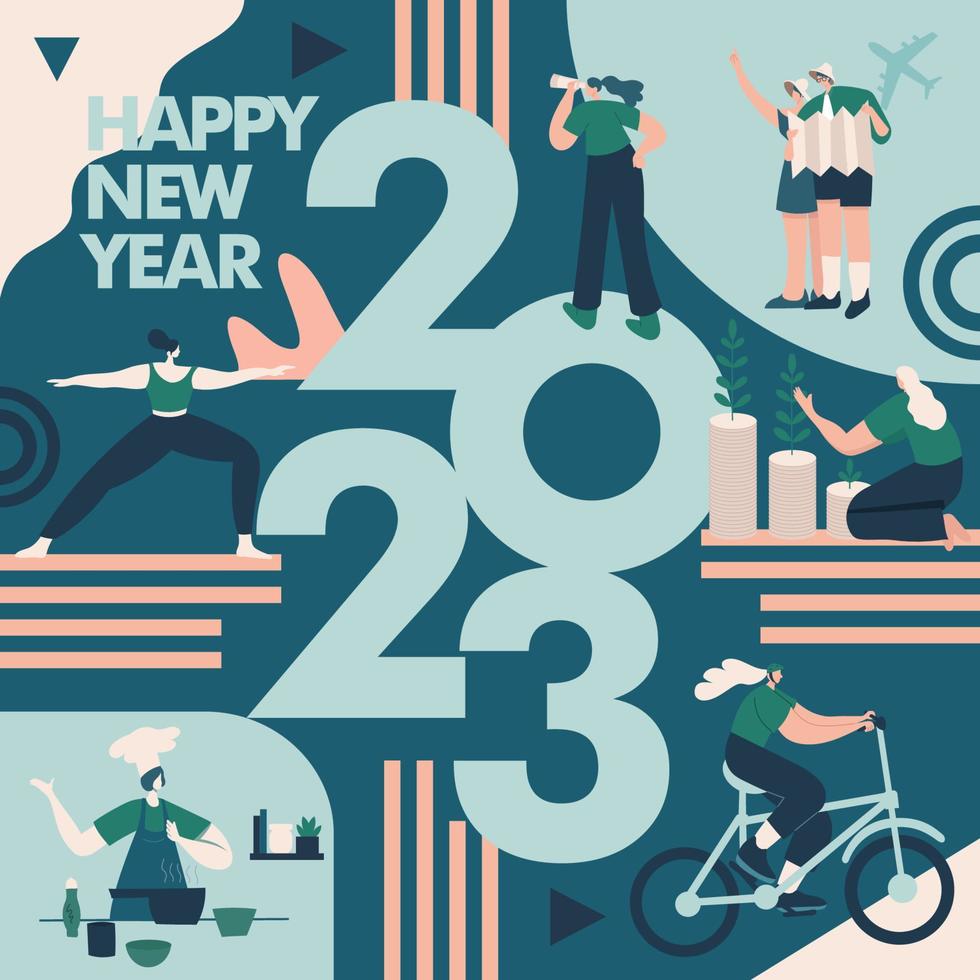 feliz año nuevo 2023. 2023 objetivos y resoluciones concepto ilustración. gente diminuta divirtiéndose con sus metas en 2023. vector