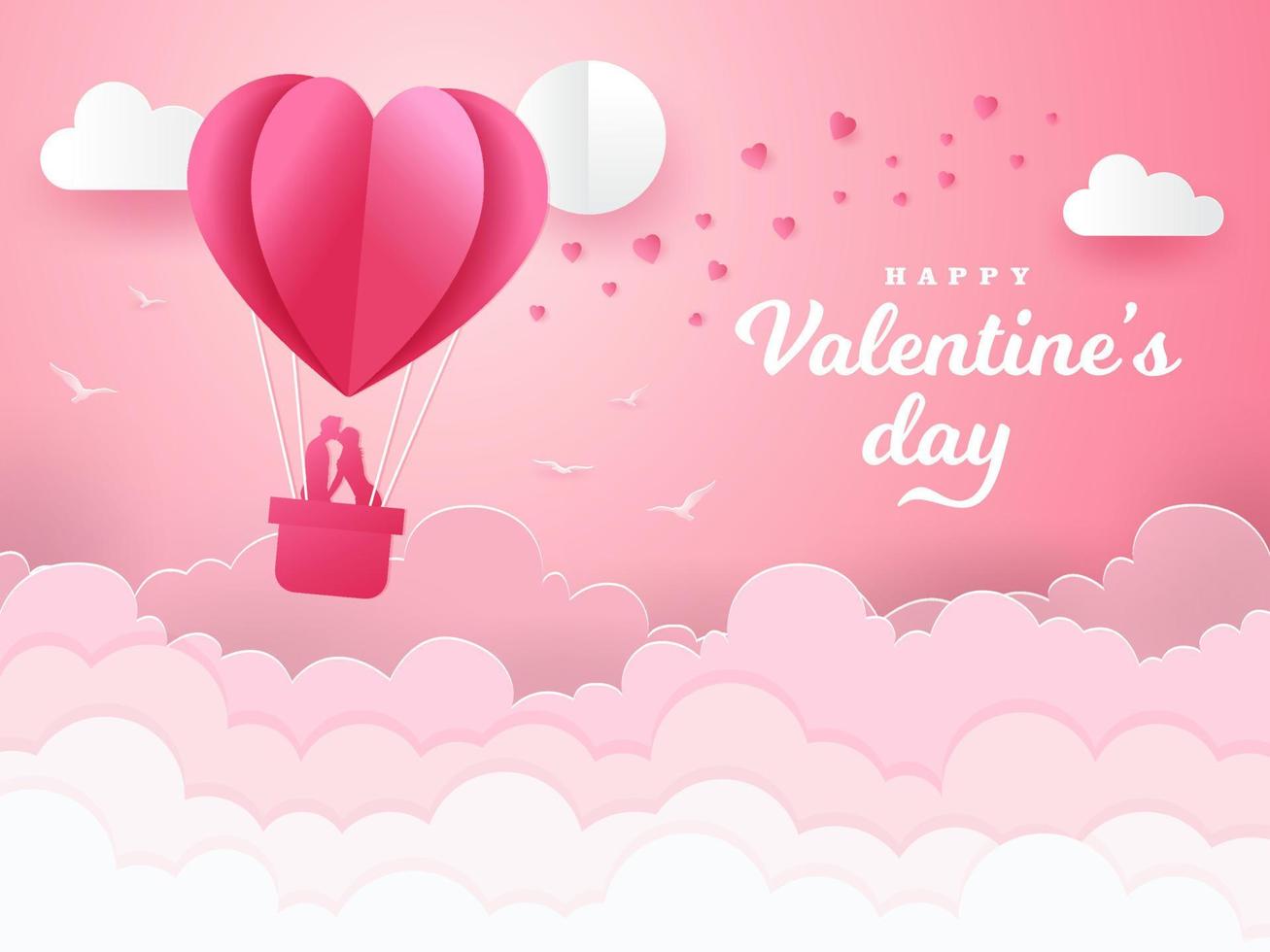 Valentine's Day background with romantic couple kissing and standing inside a basket of an air balloon vector