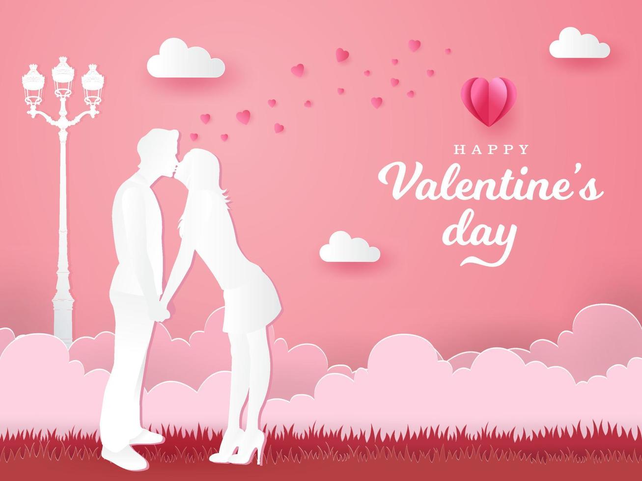 Valentine's Day greeting card. romantic couple kissing and holding hands on pink background vector