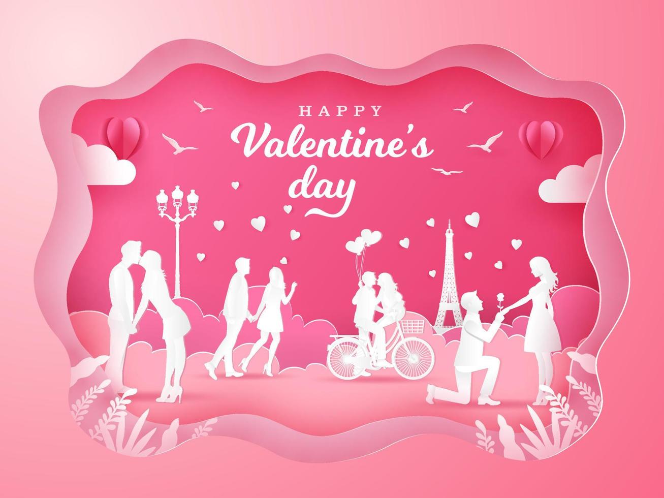 Valentine's Day background with romantic couples in love on pink background. vector