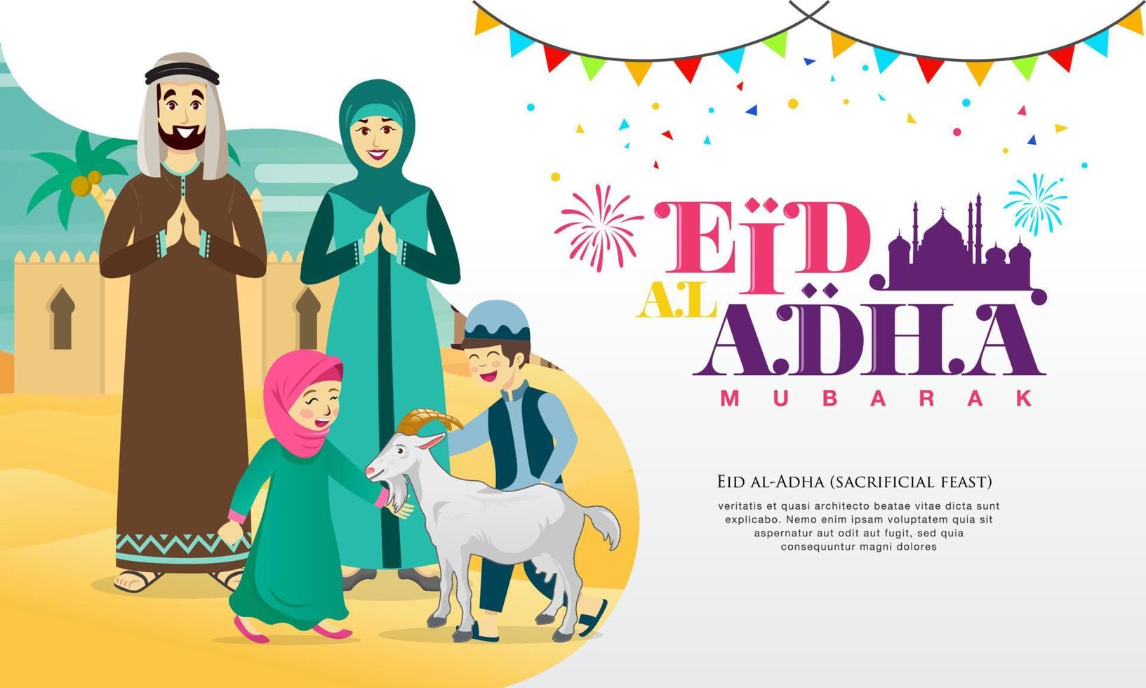 tarjeta de felicitación eid al adha. familia árabe de dibujos animados celebrando eid al adha con desierto, casa como fondo vector