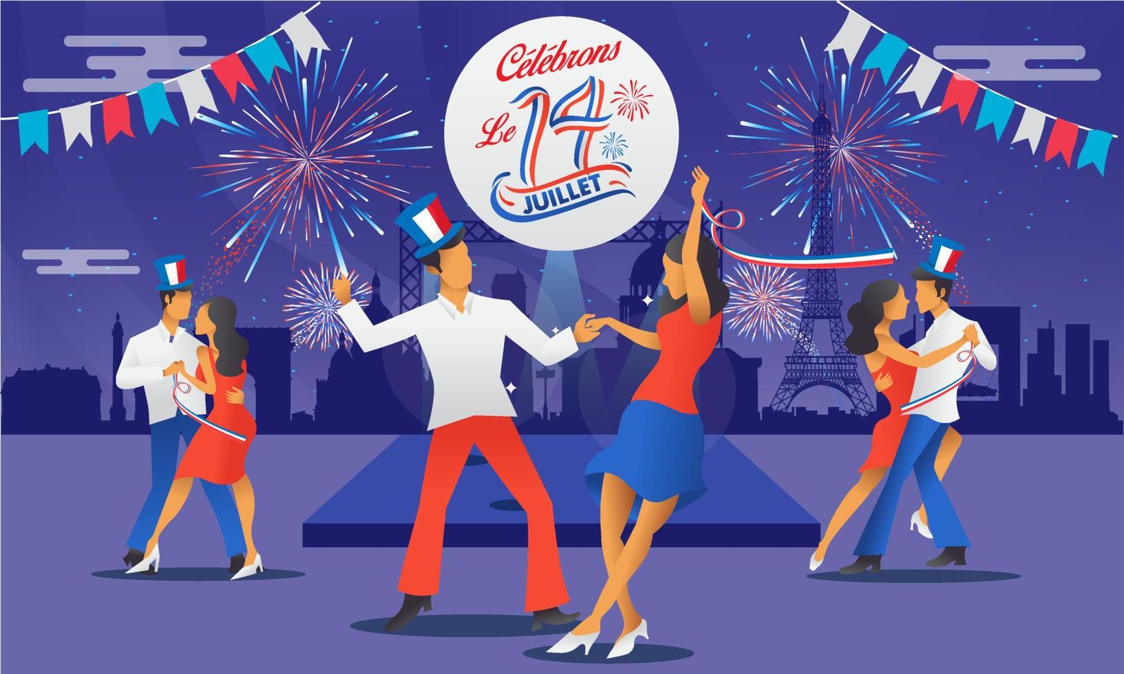 Bastile day greeting card with dance, parties and firework vector