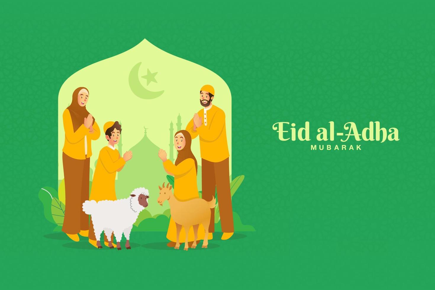 tarjeta de felicitación eid al adha. familia musulmana de dibujos animados celebrando eid al adha con una cabra y una oveja para sacrificar animales vector