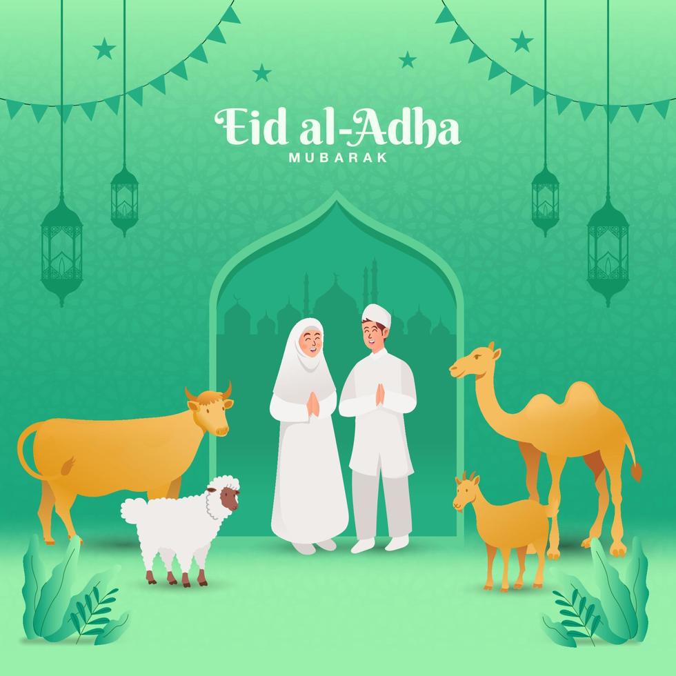 Eid al Adha greeting card. couple with sacrifice animal celebrating Eid al Adha with mosque as background vector