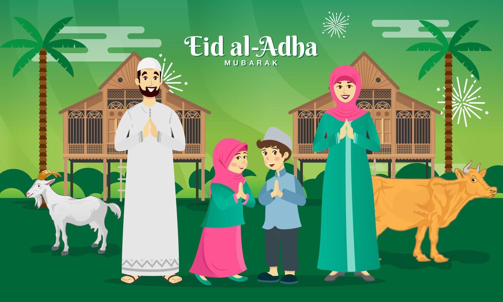 tarjeta de felicitación eid al adha. familia musulmana de dibujos animados celebrando eid al adha con cabra, vaca y casa tradicional de pueblo malayo vector