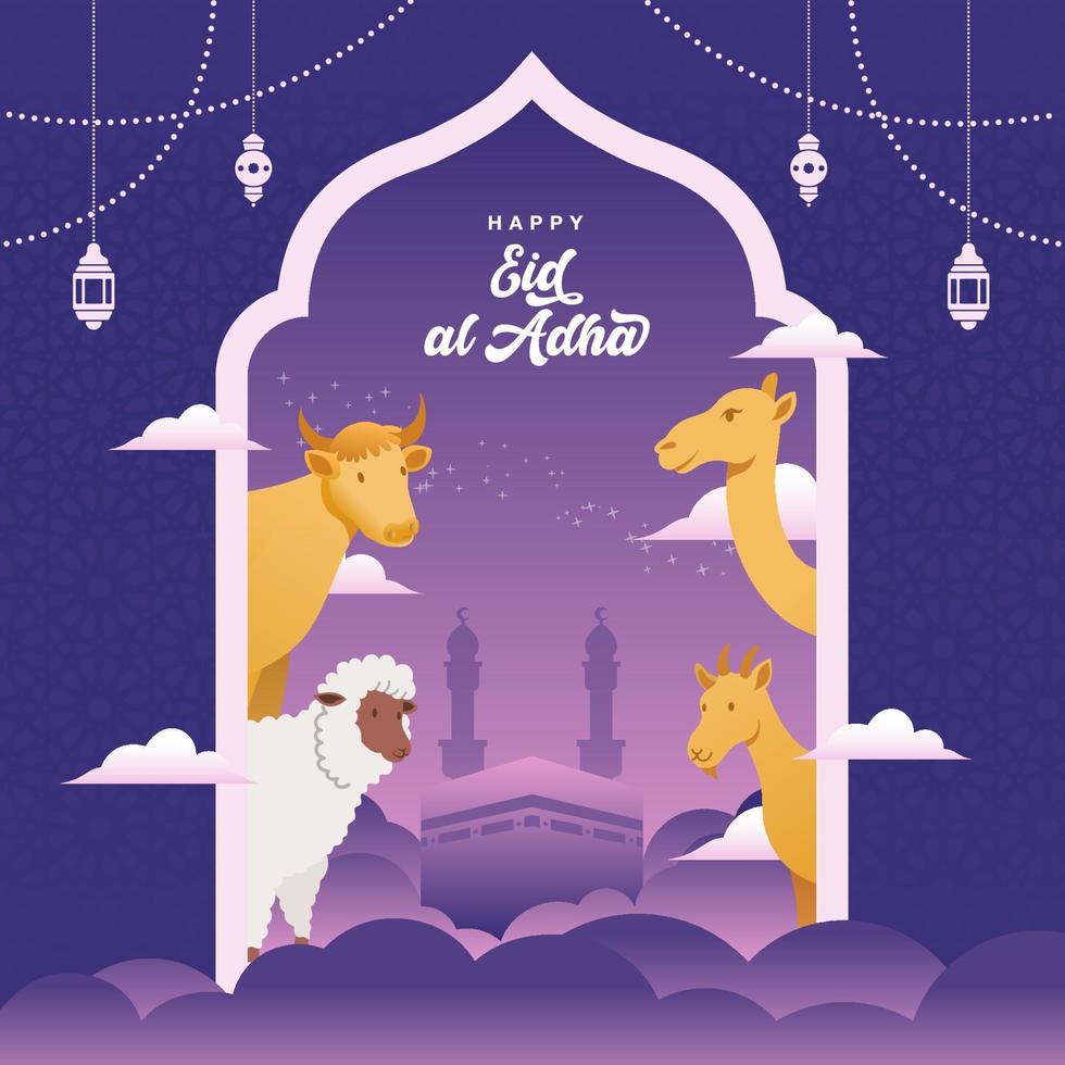 tarjeta de liberación de eid al adha con sacrificio de animales, cabras, ovejas, vacas y camellos para la celebración de eid al adha mubarak vector