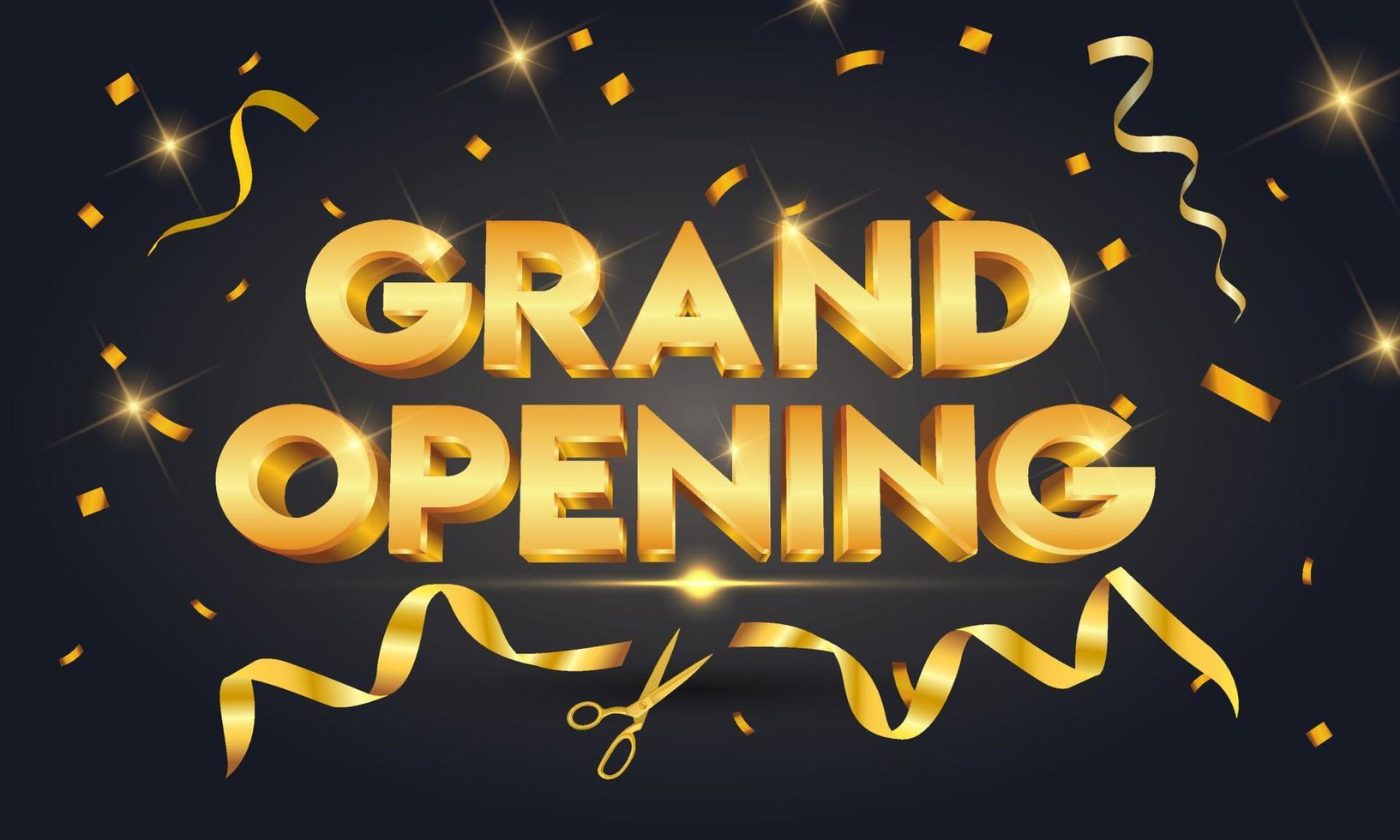 Grand opening golden text with gold scissors cutting gold ribbon on black sparkling background vector