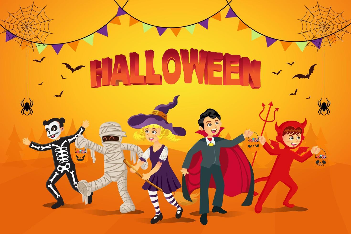 feliz fondo de halloween. niños vestidos con disfraces de halloween para ir a pedir dulces con fondo naranja vector