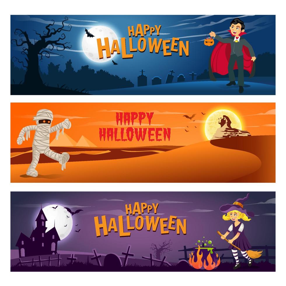 conjunto de tres pancartas de feliz halloween con texto y personajes de dibujos animados para niños disfrazados de halloween. vector