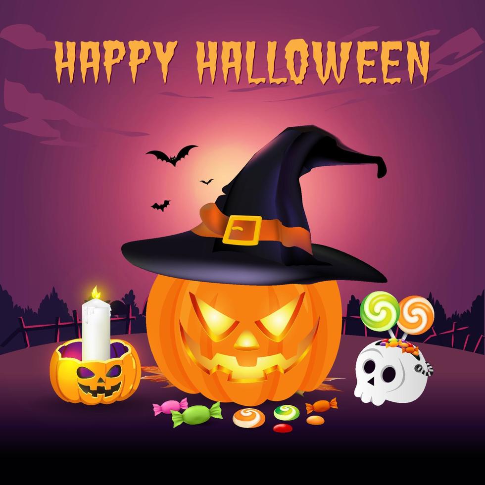feliz fondo de halloween con jack o linterna en sombrero de bruja y dulces de halloween vector