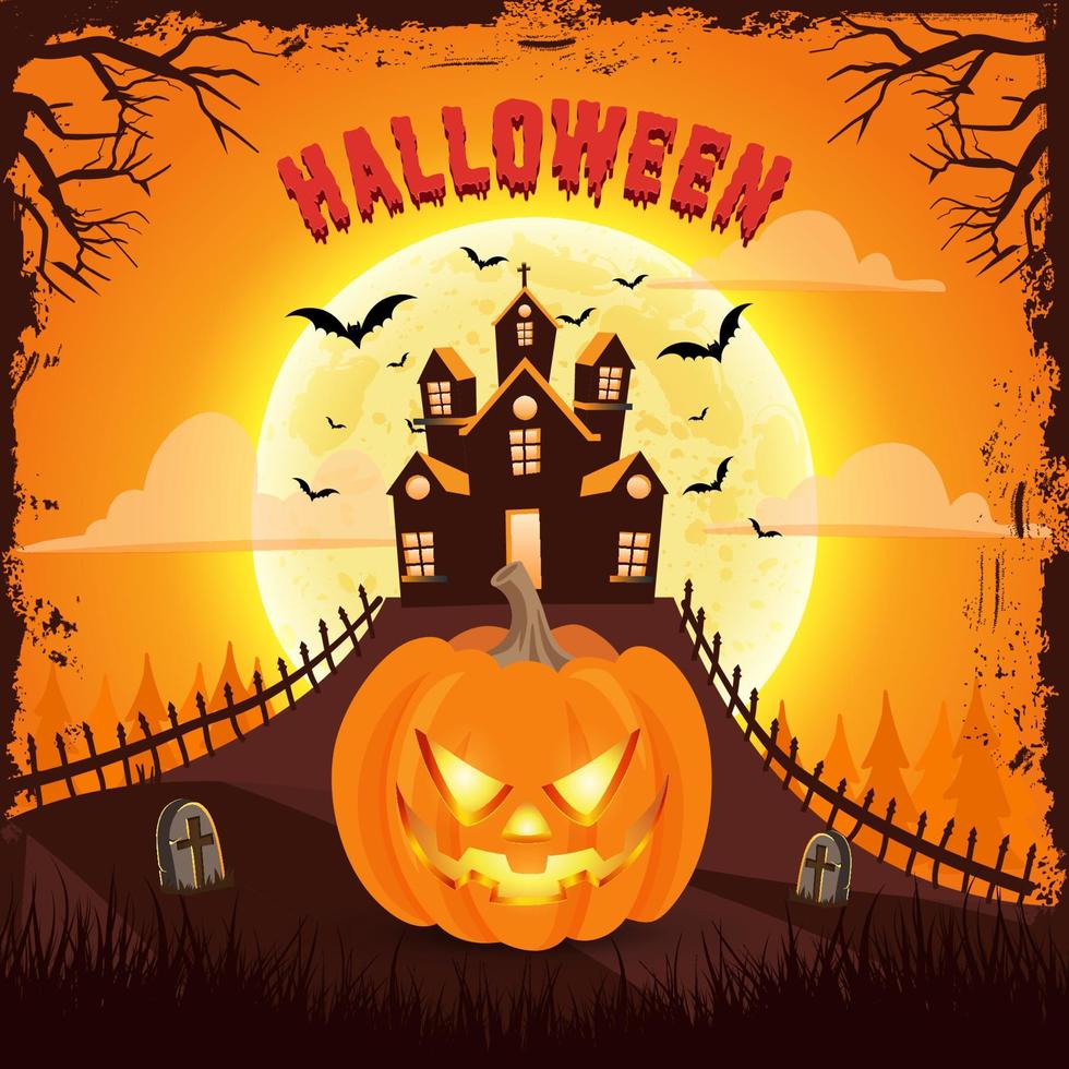 happy halloween background with scary pumpkin with spooky castle and full moon. suitable for halloween card, flyer, banner and poster vector