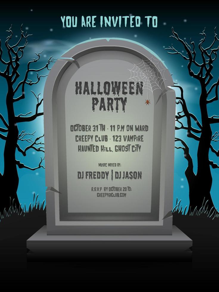 Halloween party invitation card with old gravestone at night with template text in cemetery vector