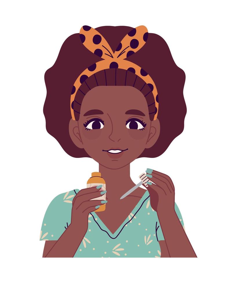 mujer afro con suero de belleza vector