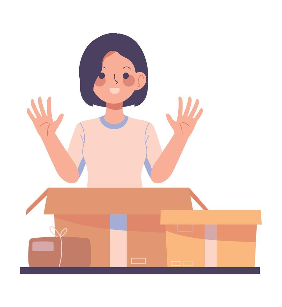 woman unboxing many boxes vector