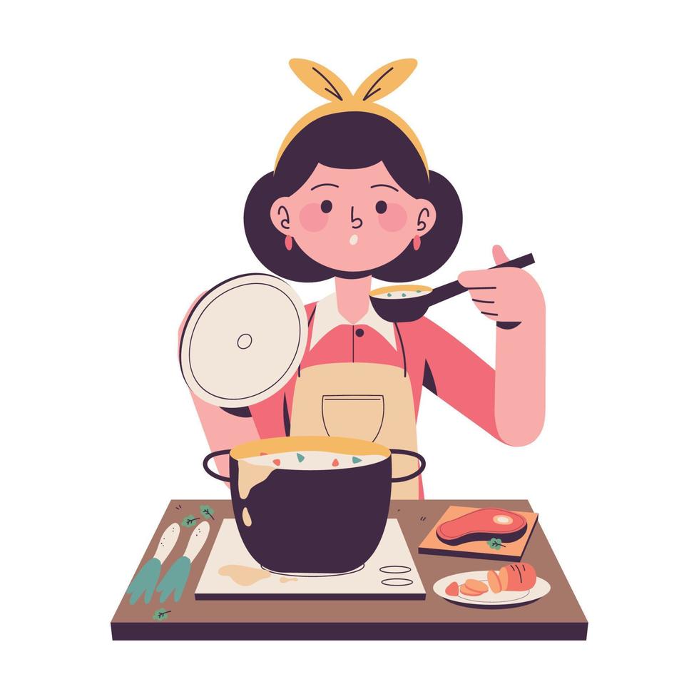 mujer cocinando una sopa vector